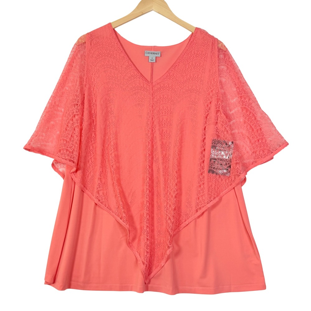 Catherines Womens Size 1X Coral Lace Poncho Blouse Boho Flowy Overlay NWT